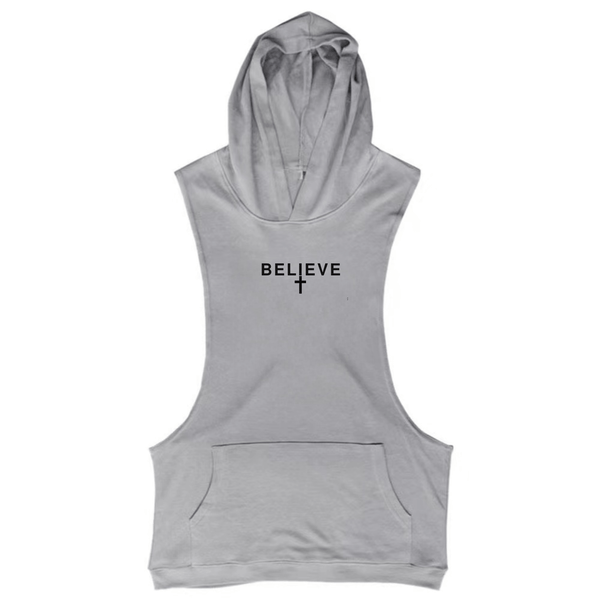 grey Believe Cross Sleeveless Hoodie Tank Tops