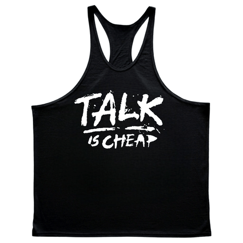 TALK IS CHEAP Motivational Work Out Stringer Tank Tops