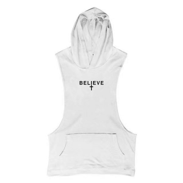 white Believe Cross Sleeveless Hoodie Tank Tops