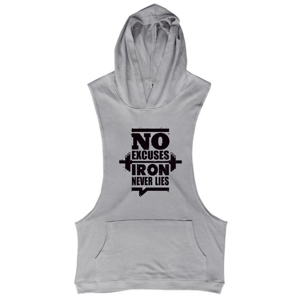 Grey NO EXCUSES, IRON NEVER LIES GYM Sleeveless Hoodie