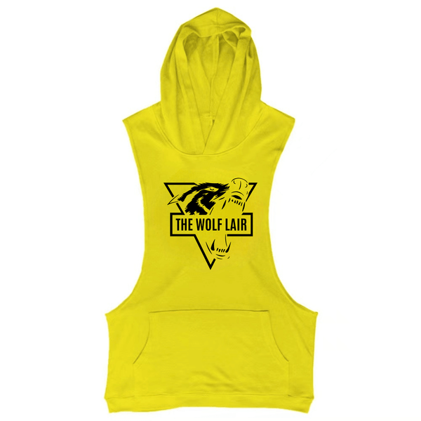 yellow THE WOLF LAIR Graphic Workout Hooded Tank Tops