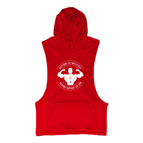 red sleeveless workout hoodie