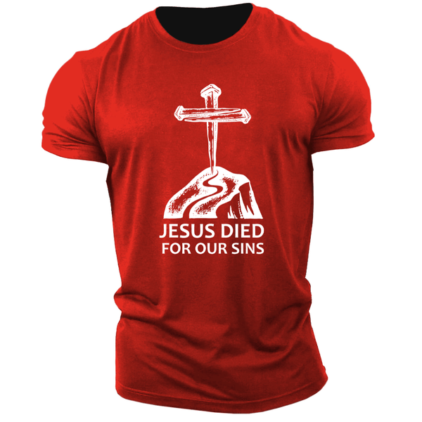 red JESUS SAVED FOR OUR SINS Graphic T-shirt