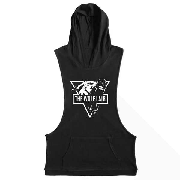 black THE WOLF LAIR Graphic Workout Hooded Tank Tops